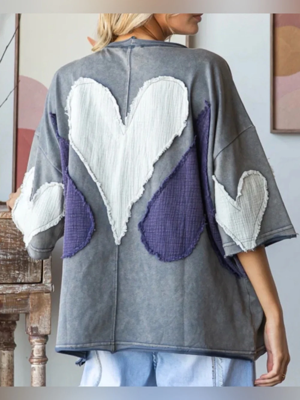 Oli & Hali Gray Tee with Cream and Deep Purple Heart Patches - Picture 2 of 14